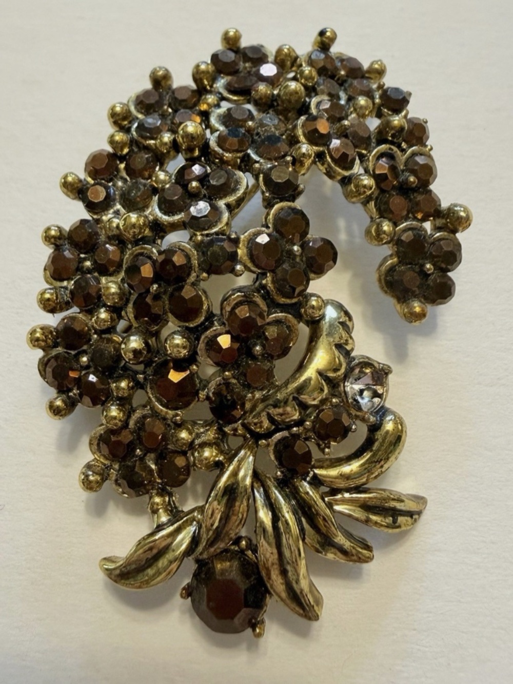 Hollycraft 1954 Floral Brooch Pin Gold With Brown Stones, Missing 1 Stone